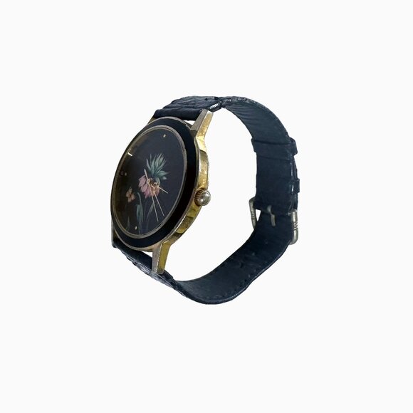 Vintage Harley's Black Lotus Watch Floral Leather Gold Tone Stylish Classic Rare - Picture 1 of 9